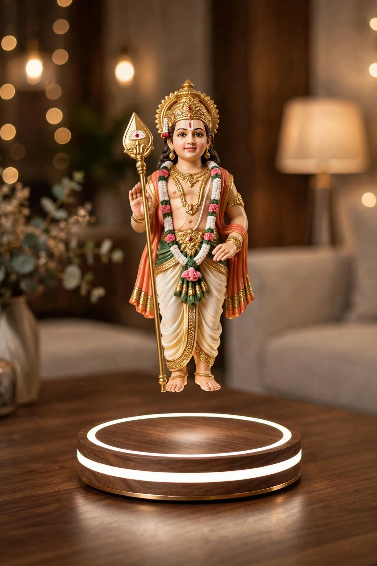 Floating Lord Murugan 3D Idol with Magnetic Levitation & LED Base