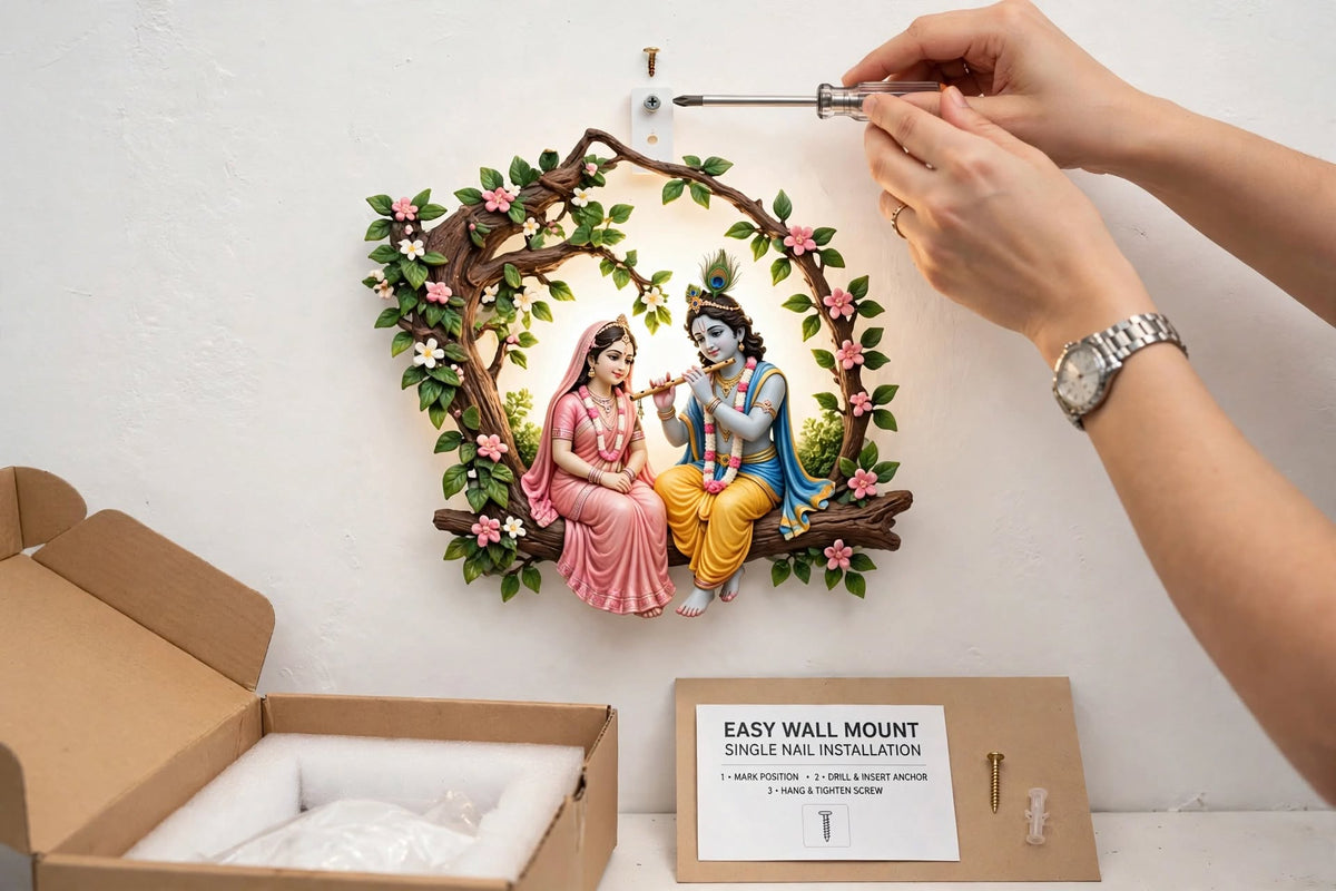 Radha Krishna Tree Wall Light - With Waterfall & Glowing Lanterns