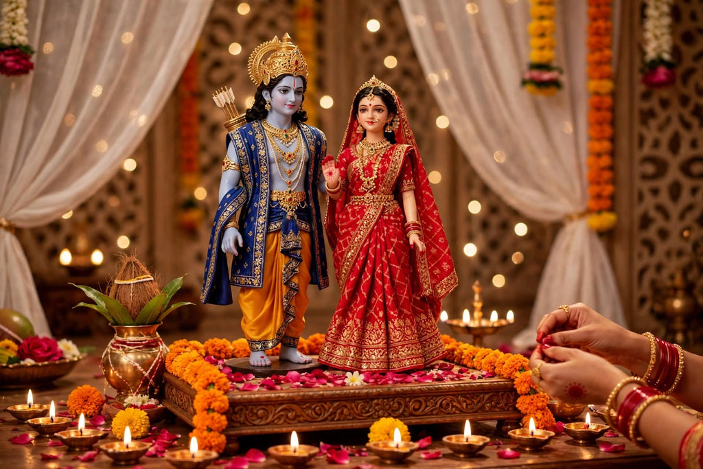Gaura Vani - Shri Ram & Sita Divine Jodi | Premium Gift Box with Dhanush, Kalash & Moti Mala