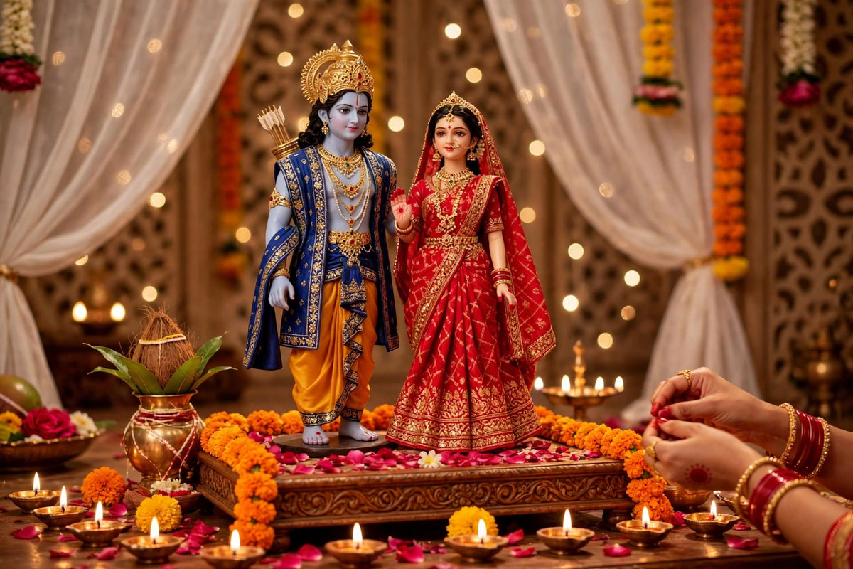 Gaura Vani - Shri Ram & Sita Divine Jodi | Premium Gift Box with Dhanush, Kalash & Moti Mala