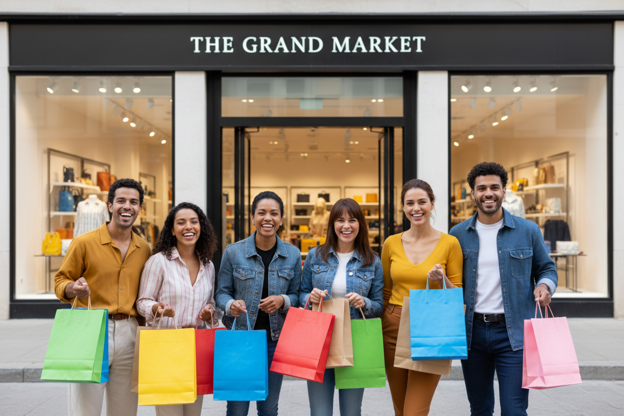 mobile optimized webstie banner showing a group of happy customer standing infront of sho named 