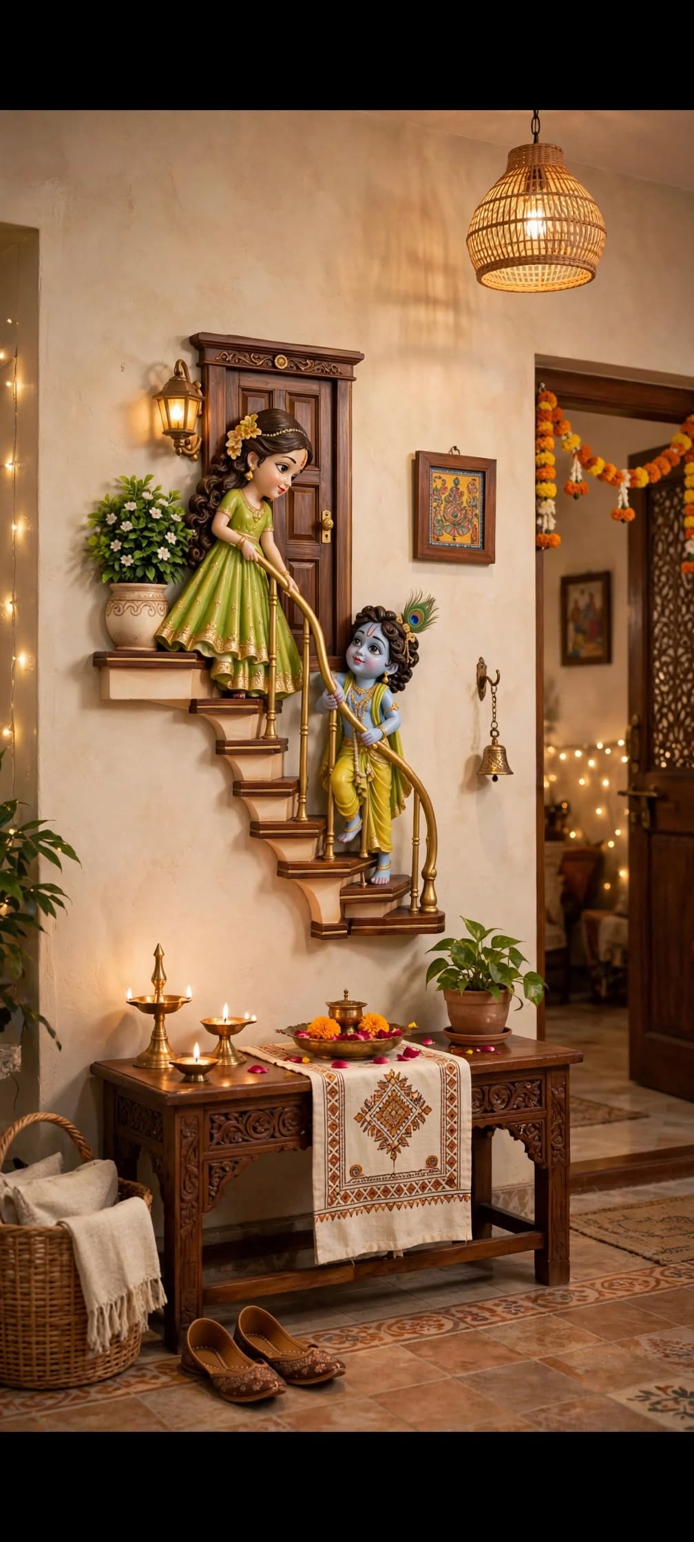 Divine Radha Krishna Stairway to Love - 3D Wall Art