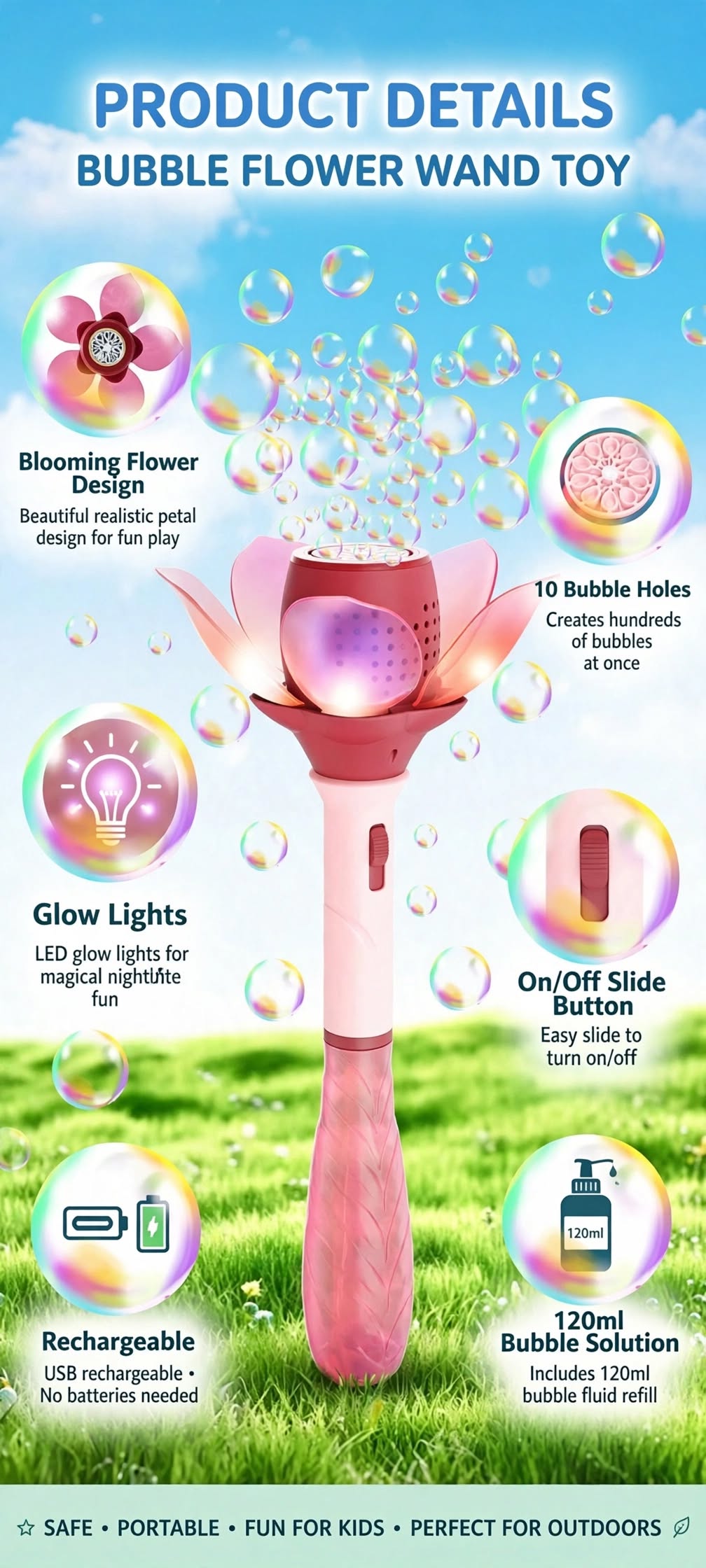 Flower Bubble Wand with Lights - 10 Holes Automatic