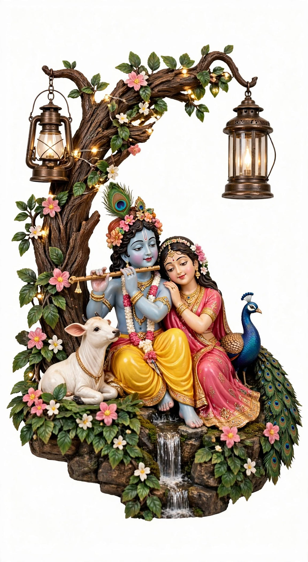 Radha Krishna Tree Wall Light - With Waterfall & Glowing Lanterns