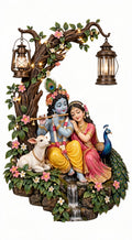Radha Krishna Tree Wall Light - With Waterfall & Glowing Lanterns