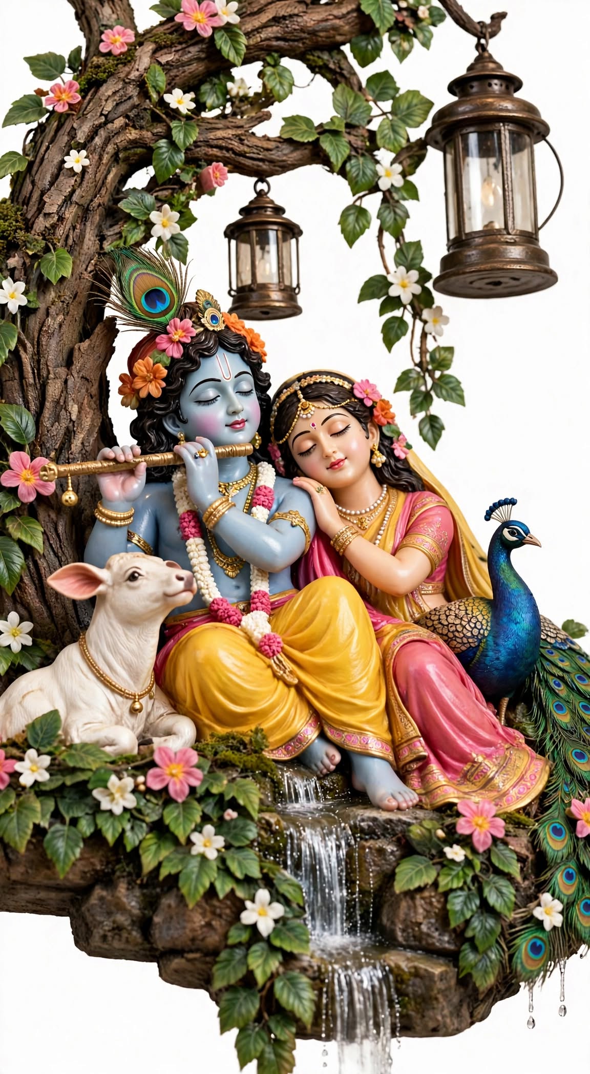 Radha Krishna Tree Wall Light - With Waterfall & Glowing Lanterns