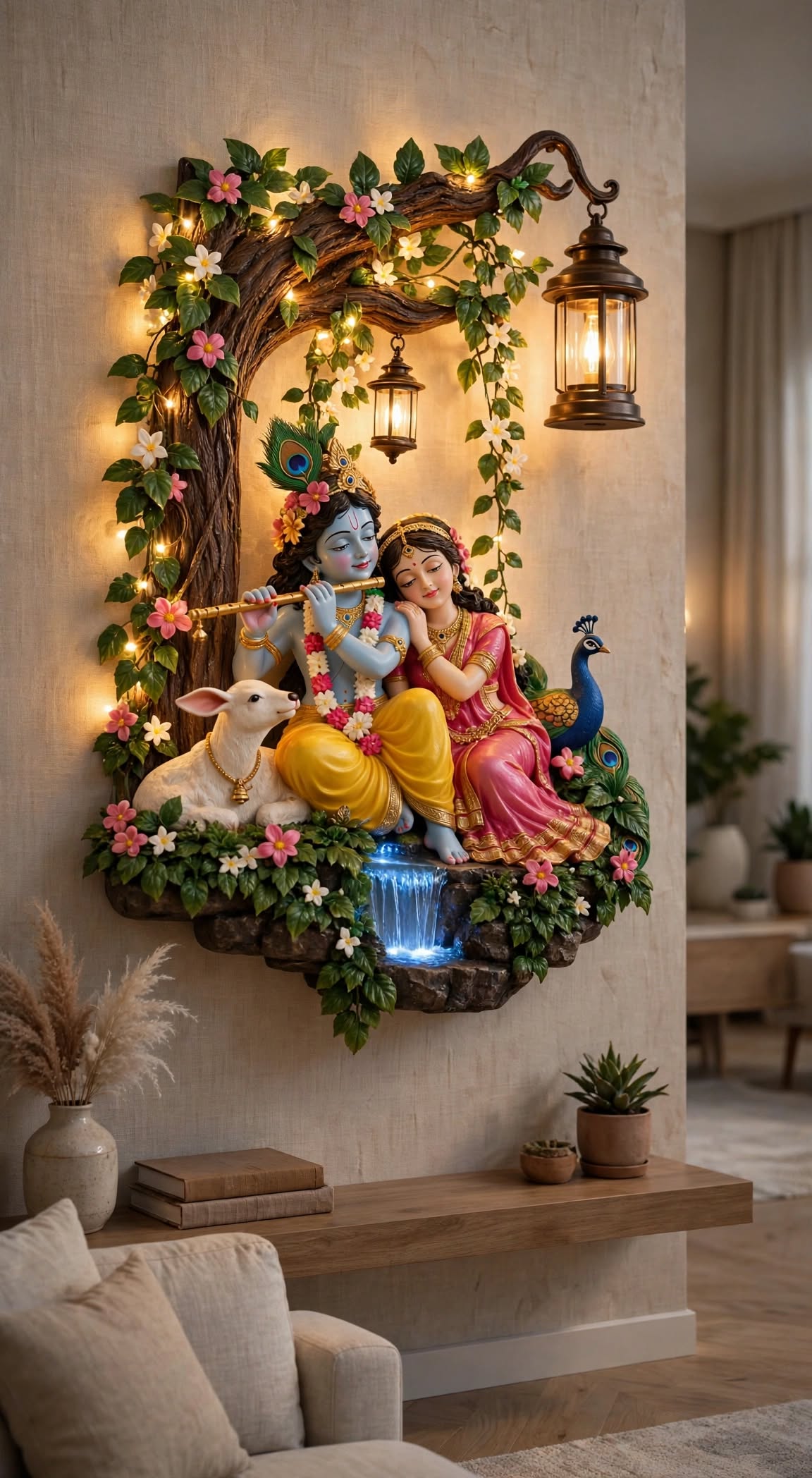 Radha Krishna Tree Wall Light - With Waterfall & Glowing Lanterns