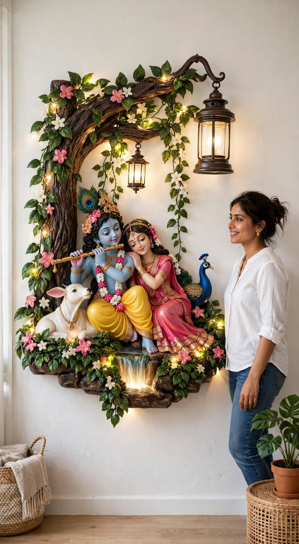 Radha Krishna Tree Wall Light - With Waterfall & Glowing Lanterns